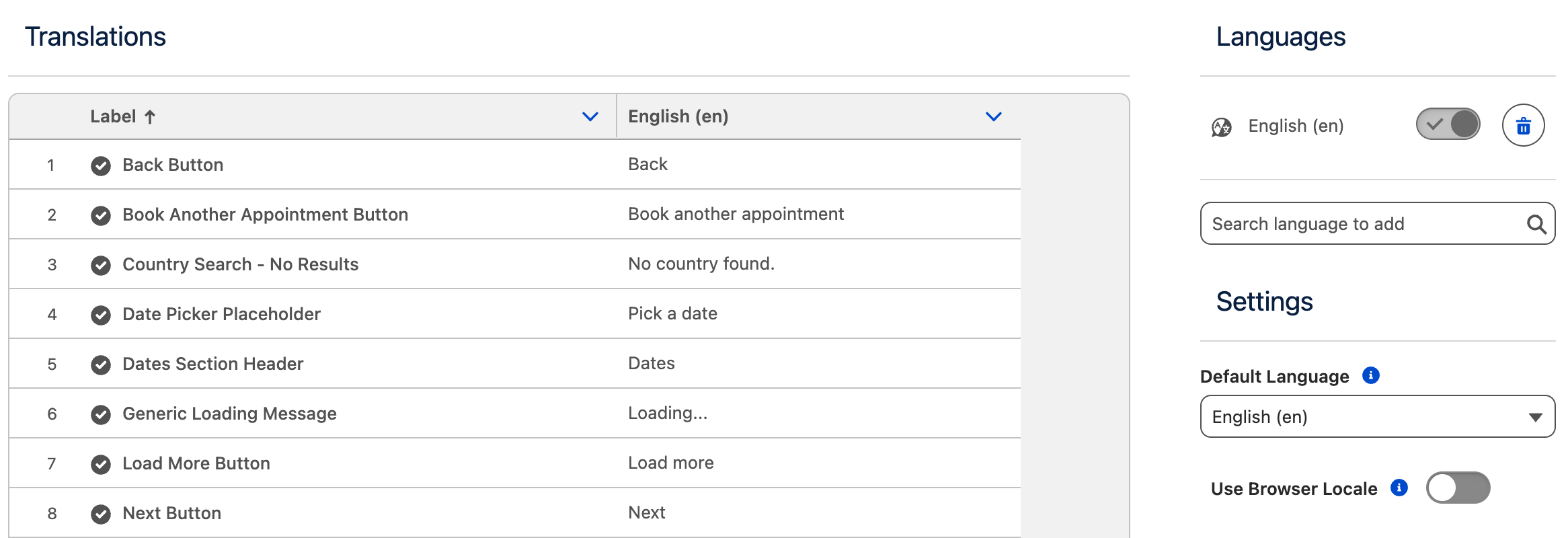 Labels and Translations configuration page.
